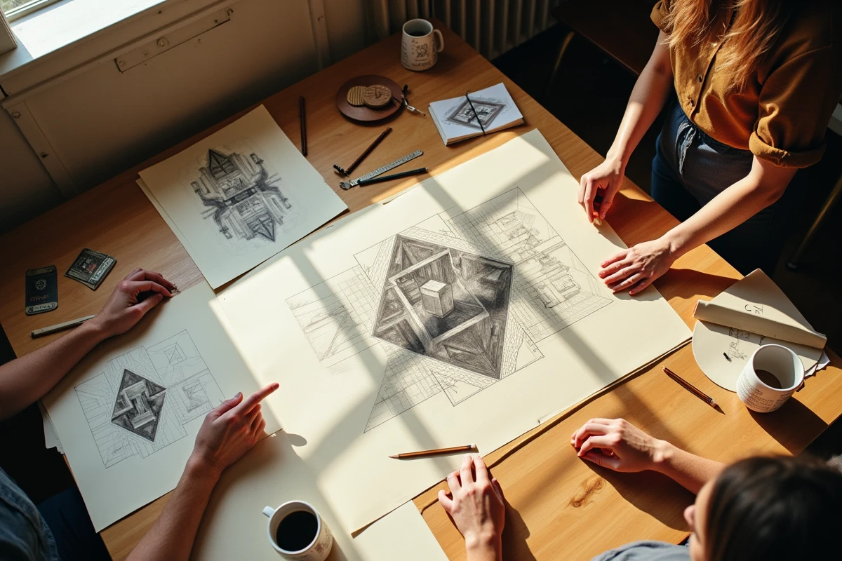 Mains d'artistes dessinant des escaliers impossibles inspirés d'Escher sur une table d'atelier couverte de schémas géométriques
