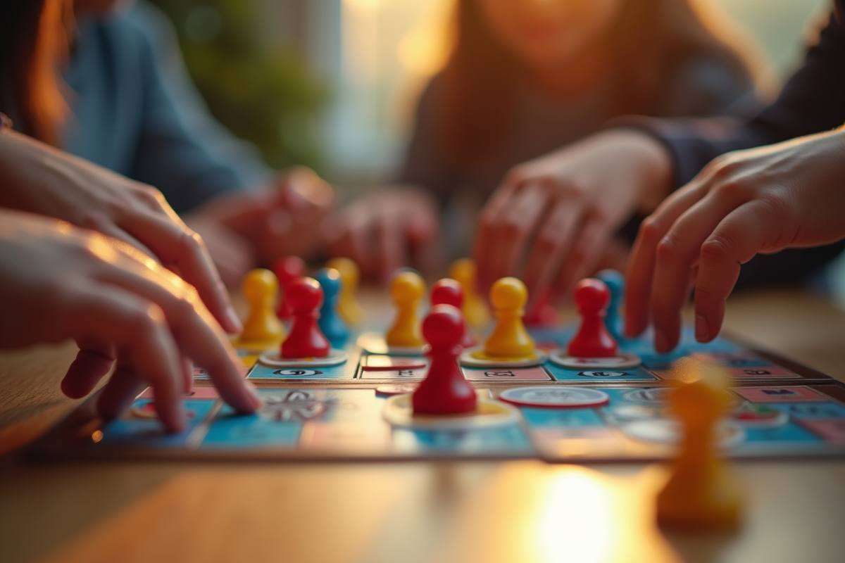 Mains de différents âges manipulant des pièces de jeu colorées