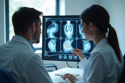 Médecin montrant un IRM à un patient dans un cabinet lumineux