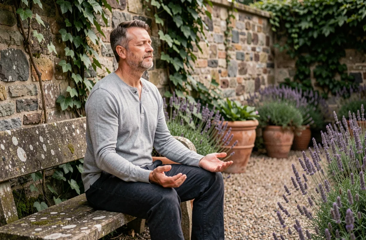 Homme en méditation dans un jardin de pierre et lavande, symbolisant la paix intérieure et l'évolution karmique positive