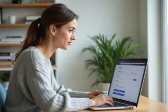 Femme mettant à jour son adresse sur son compte en ligne depuis un bureau à domicile