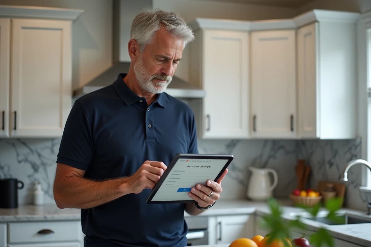 Homme consultant les paramètres de son compte sur une tablette dans une cuisine moderne