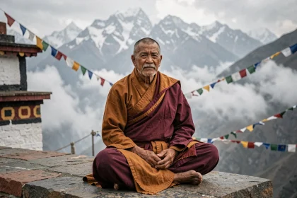 Moine tibétain méditant devant un monastère himalayen enveloppé de brume, évoquant le mythe de Shamballa