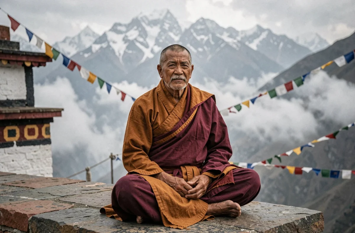 Moine tibétain méditant devant un monastère himalayen enveloppé de brume, évoquant le mythe de Shamballa