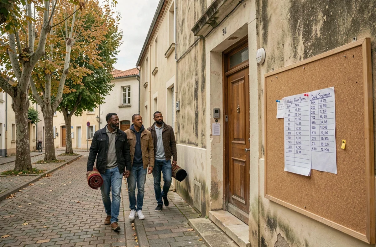 Groupe d'hommes arrivant à la mosquée d'Agen avec un tableau des heures de prière affiché à l'entrée
