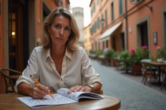 Femme résolvant des mots fléchés en terrasse de café dans une ville italienne pittoresque