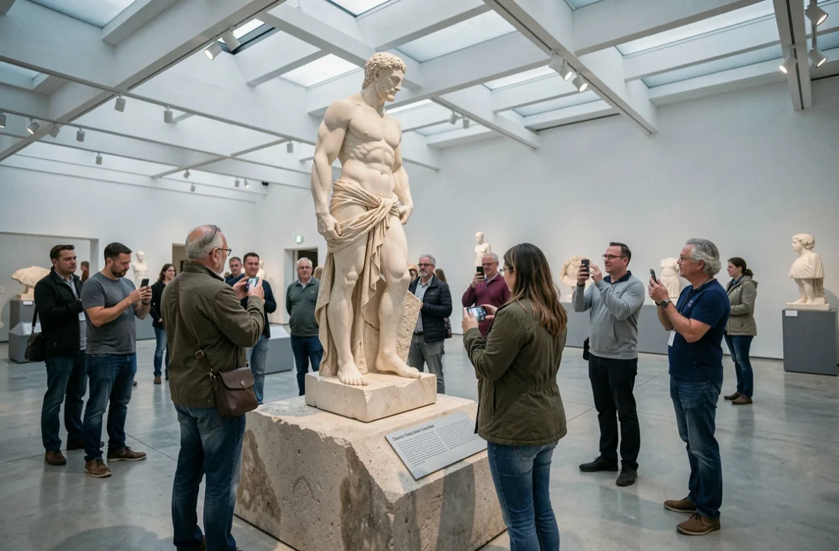 Visiteurs admirant une sculpture en marbre d'Hercule dans une salle d'exposition muséale moderne dédiée à la mythologie grecque