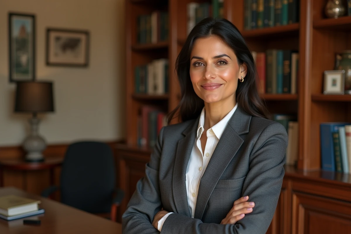 Portrait d'une femme franco-marocaine en veste tailleur dans un bureau éditorial évoquant les origines culturelles de Najwa El Haïté