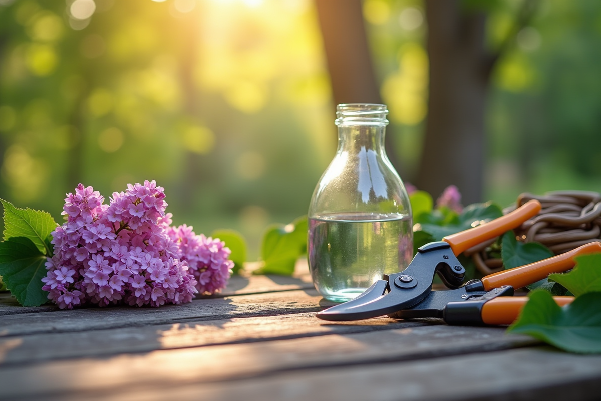 Outils de jardinage et branches de lilas sur une table en bois en plein soleil