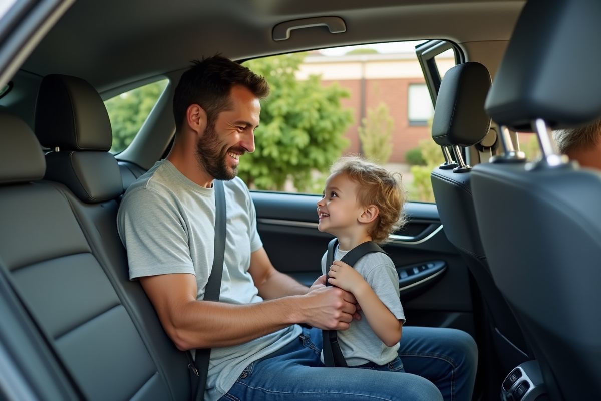 Père attachant son enfant dans une voiture hybride propre