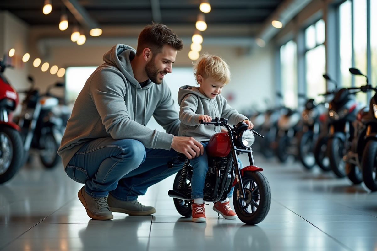 Père et fils inspectant une petite moto en concession