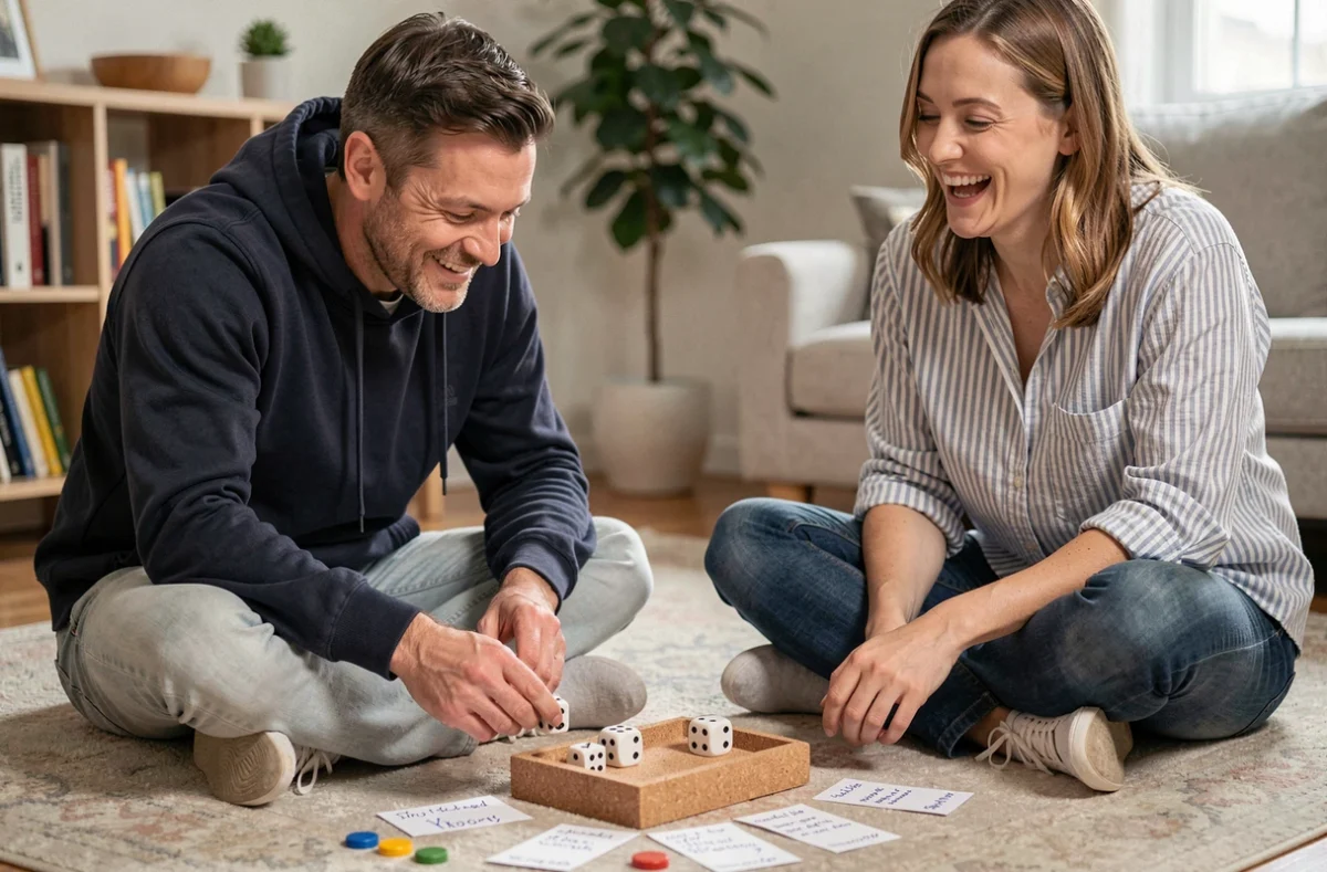 Parents et adolescent jouant au 421 par terre dans un salon avec des cartes de gages et des jetons colorés