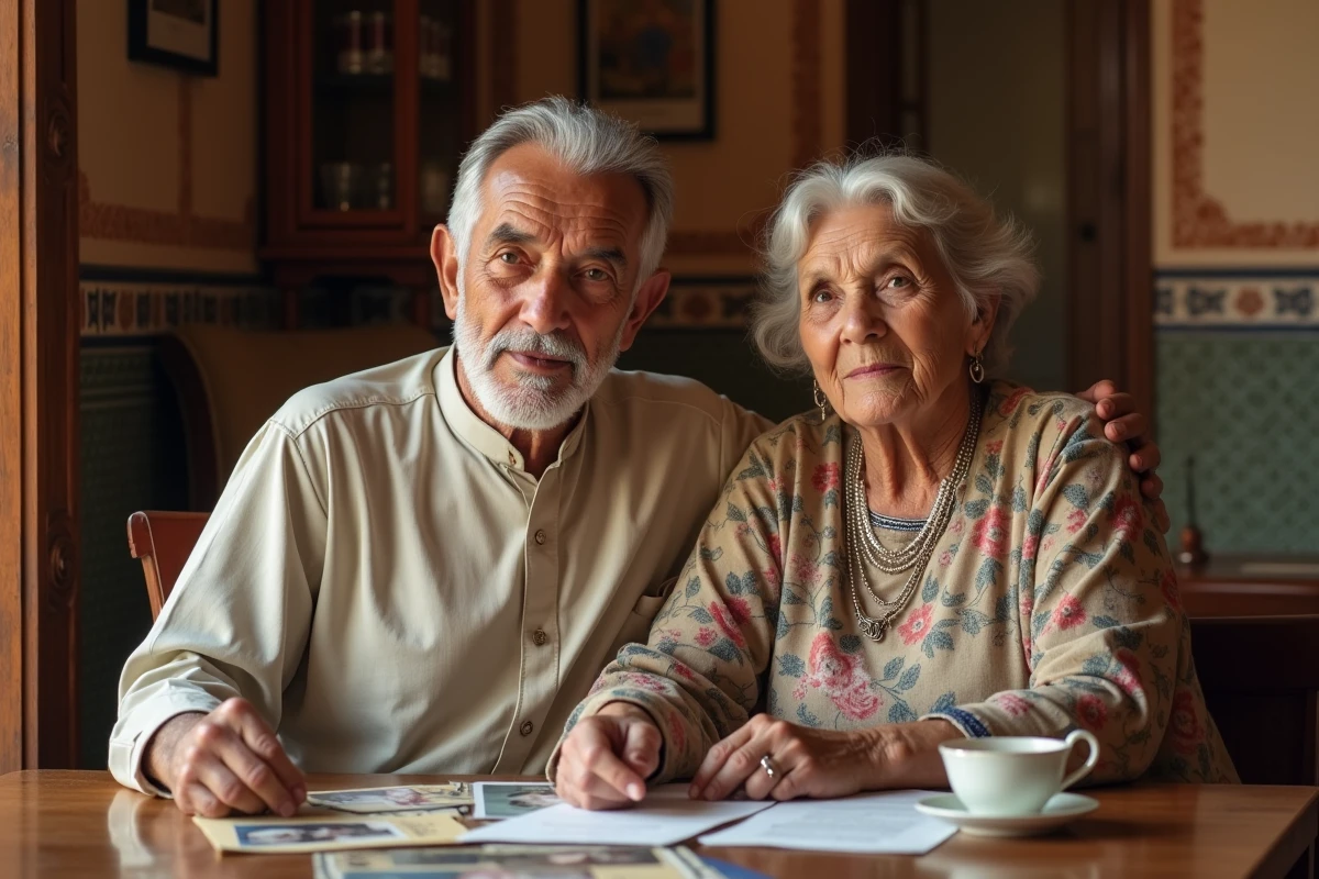 Couple de parents marocains âgés assis dans une maison traditionnelle avec des photos de famille, évoquant les racines et l'histoire familiale