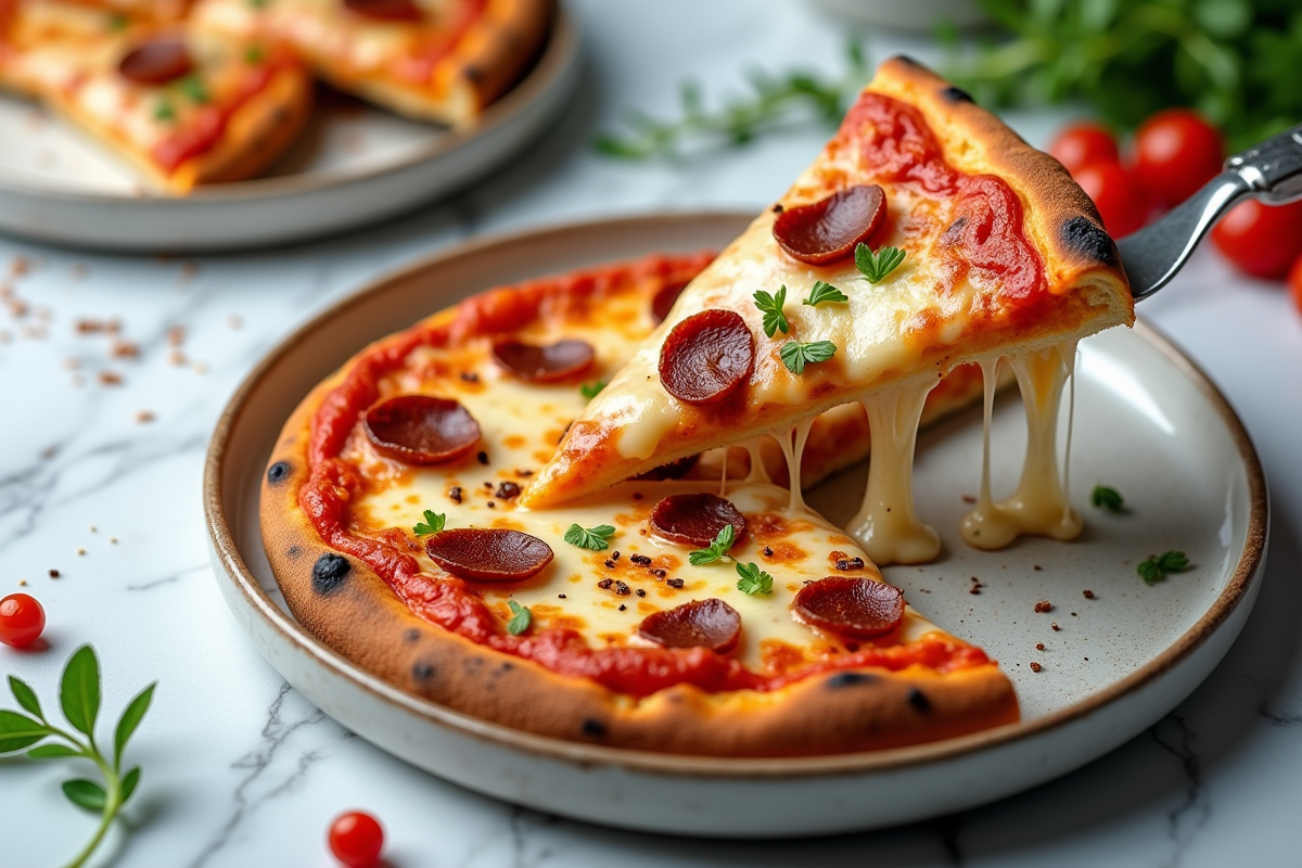 Tranche de pizza chorizo avec fromage fondu et ingrédients