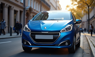 Voiture Peugeot 208 bleue en ville en journée