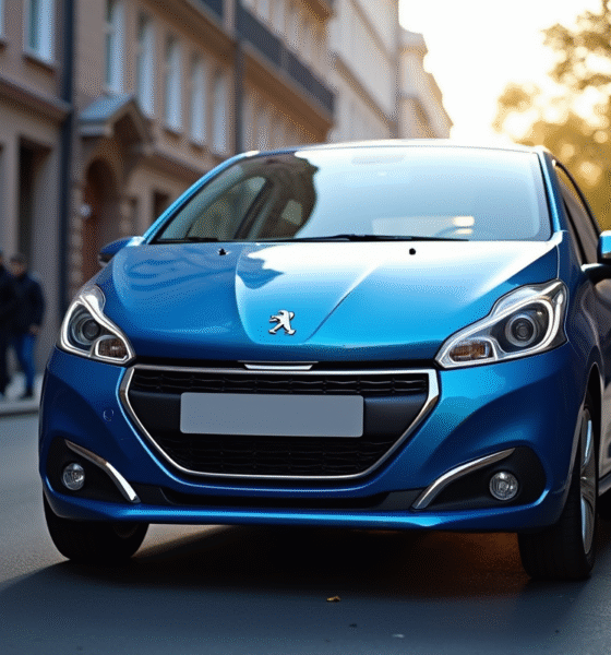 Voiture Peugeot 208 bleue en ville en journée