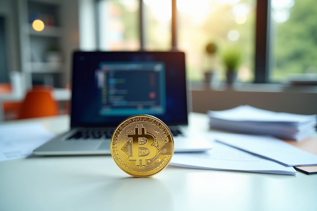 Pièce de Bitcoin sur bureau blanc avec portefeuille numérique vide
