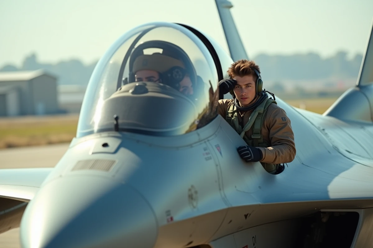Jeune pilote avec casque près d’un avion de chasse en test