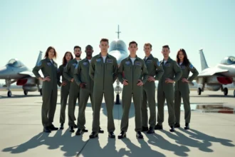 Équipe de pilotes d'aviation en tenue sur la base aérienne