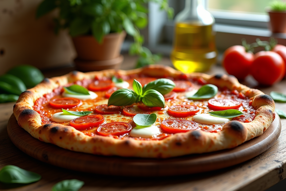 Pizza chorizo fraîche avec mozzarella et basilic