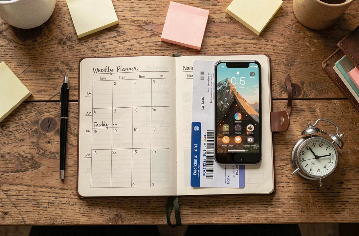 Planner de voyage ouvert sur un bureau avec des horaires écrits en AM et PM, smartphone et carte d'embarquement