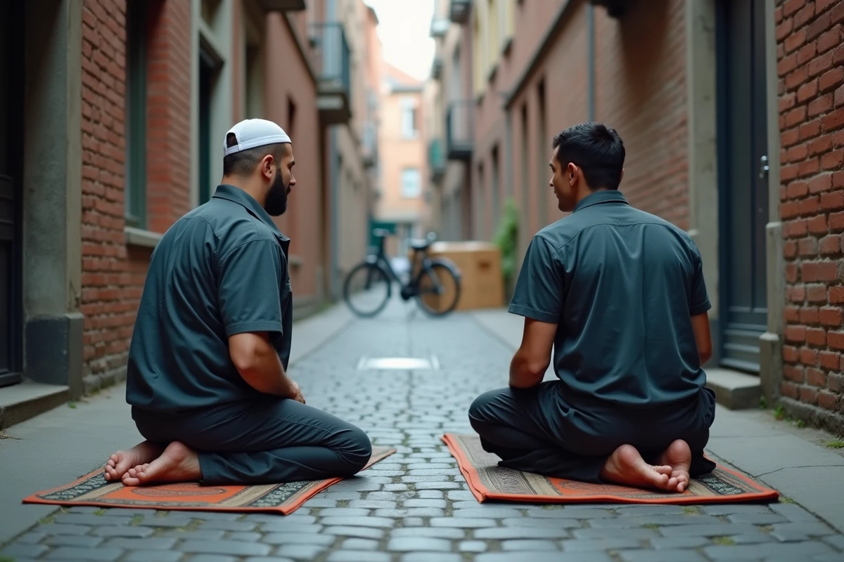 Deux hommes en prière dans une ruelle de Nantes pendant une pause de travail aux horaires décalés