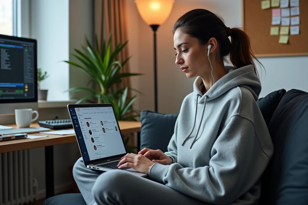 Productrice de musique analysant une plateforme de mise en relation avec des ingénieurs du son sur son ordinateur portable dans un home studio