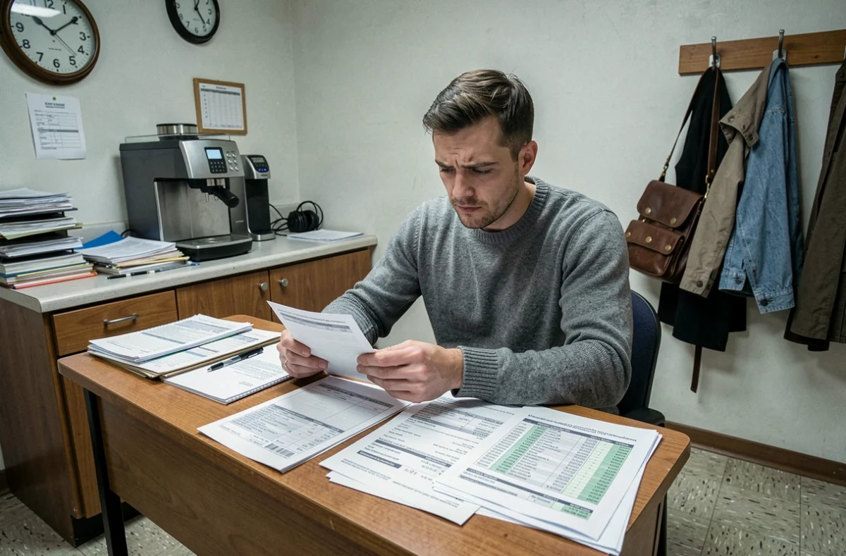 Jeune professeur analysant sa fiche de salaire dans la salle des professeurs, questionnant la valeur de la certification enseignante en France
