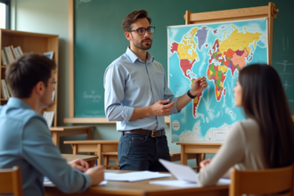 Jeune professeur de géographie avec carte scolaire et élèves