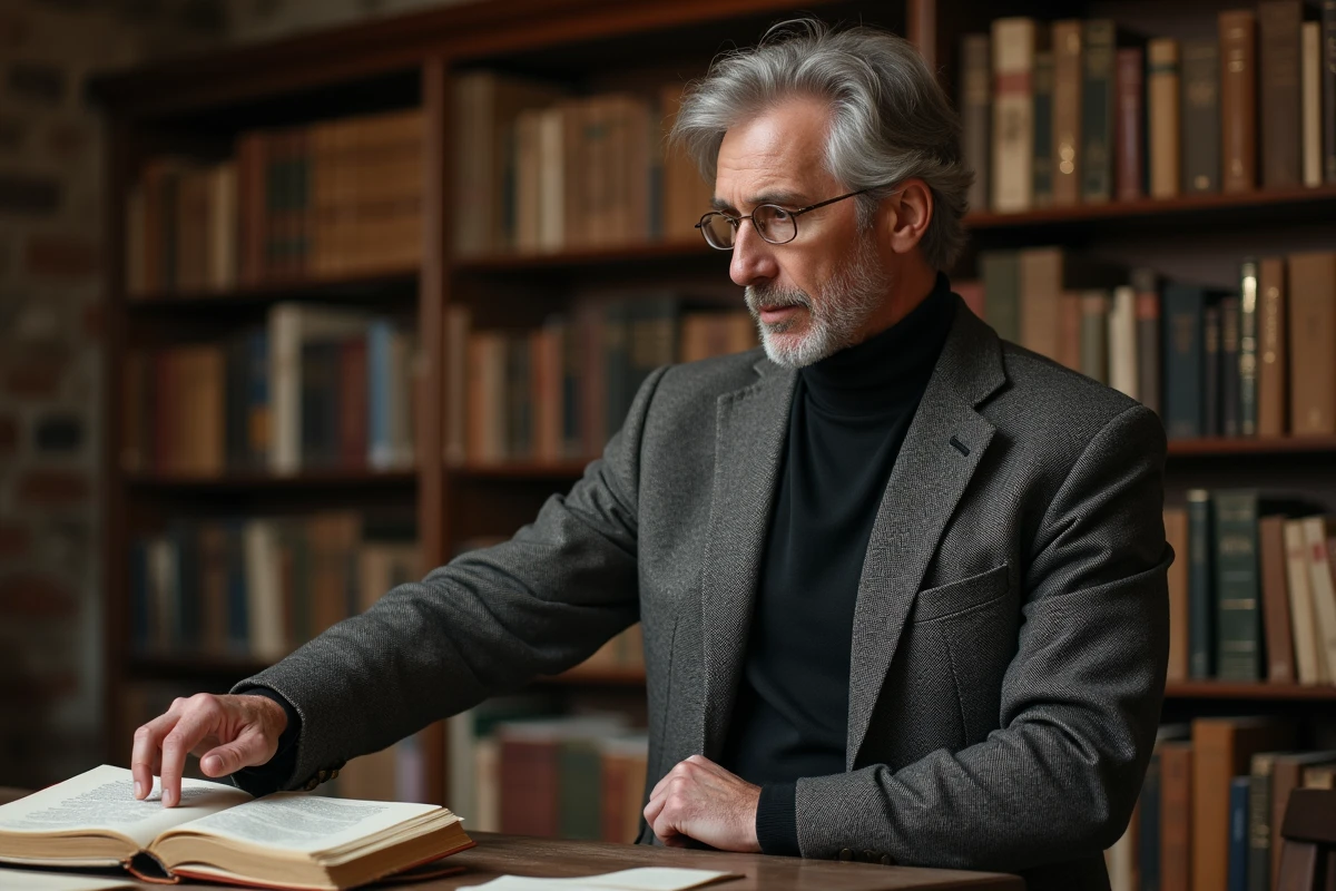 Professeur de linguistique expliquant l'étymologie du mot paradigmatique dans une bibliothèque universitaire