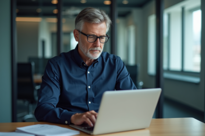 Homme IT en chemise bleue vérifiant documents de conformité