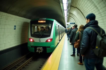 Quai de la ligne 6 du métro parisien avec rame en approche et voyageurs attendant derrière la ligne de sécurité