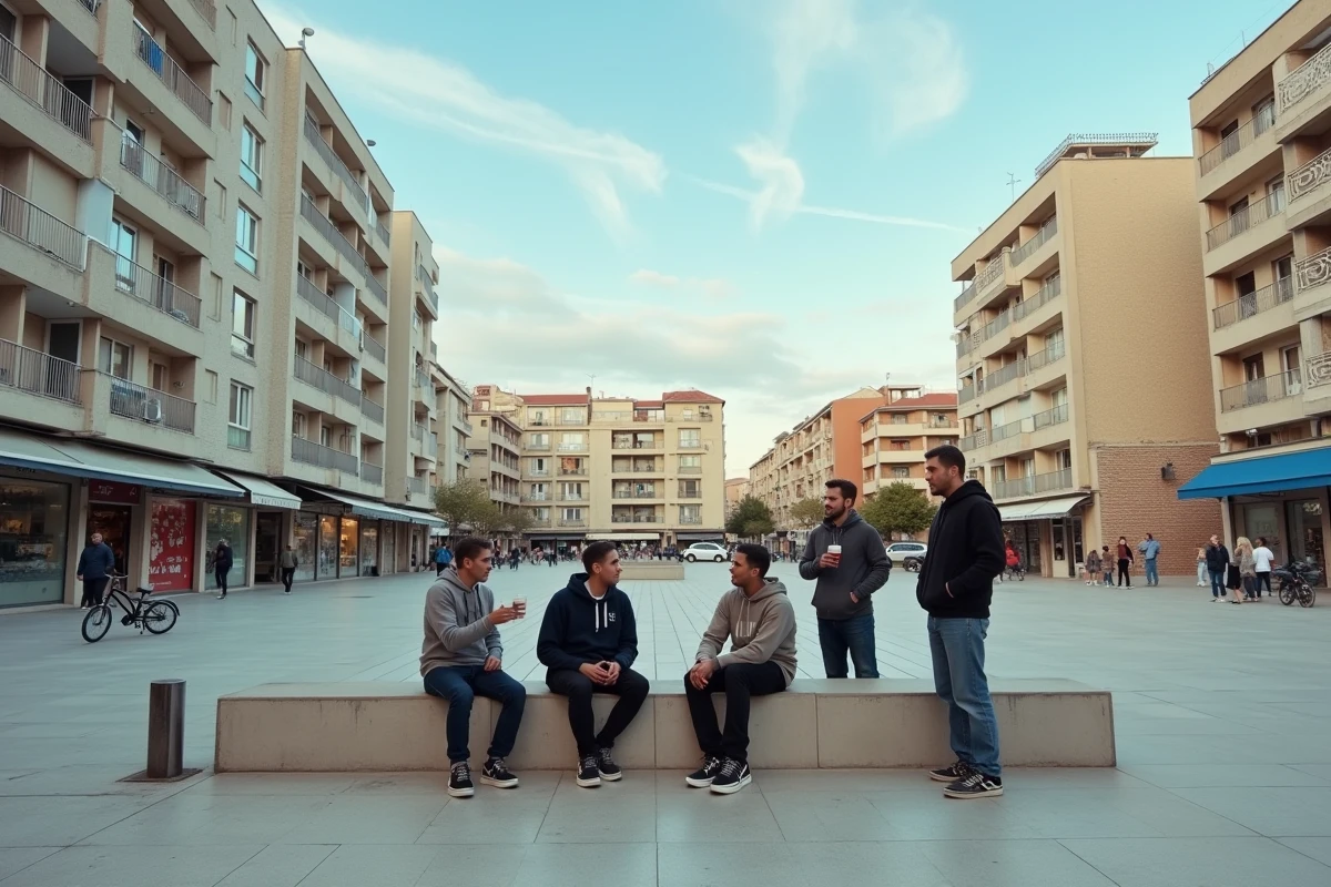 Place urbaine dans un quartier nord de Marseille avec immeubles HLM et habitants en discussion au quotidien