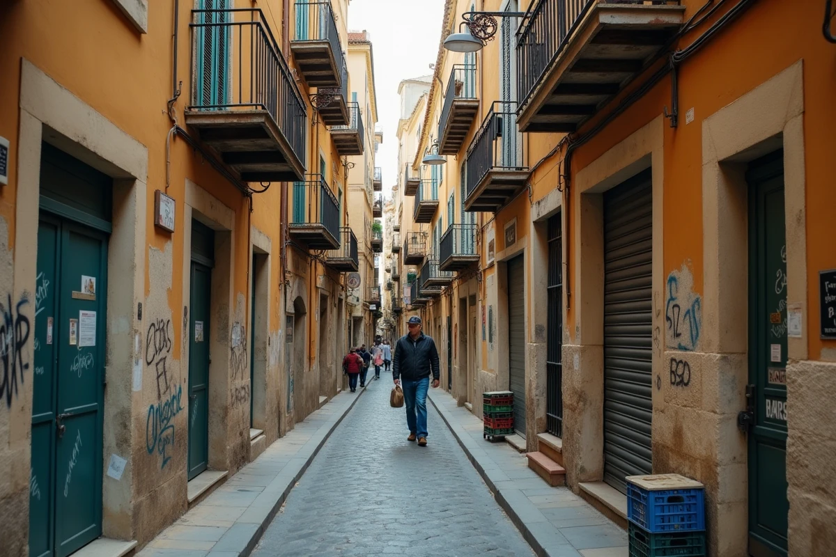 Rue étroite d'un quartier populaire de Marseille avec immeubles anciens, balcons en fer forgé et commerces de proximité