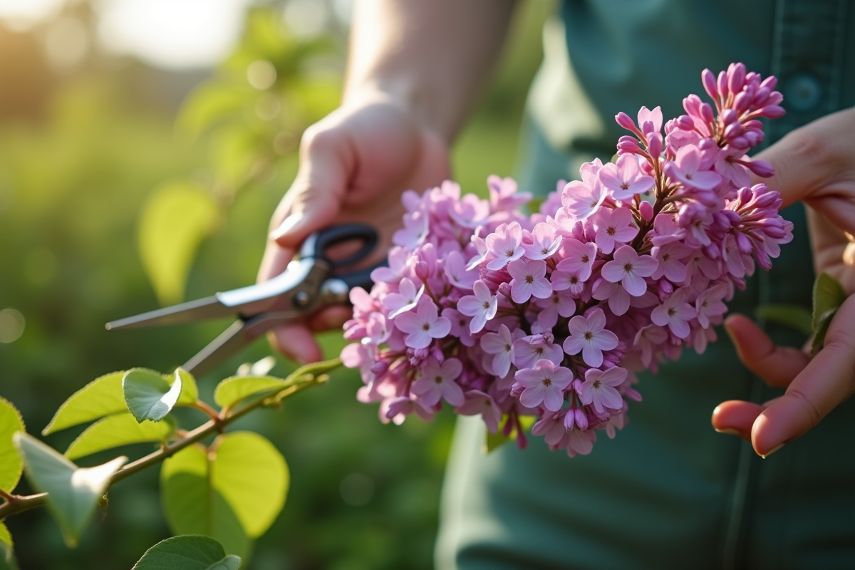 Gros plan sur des mains tenant des ciseaux de jardinage avec un rameau de lilas sain