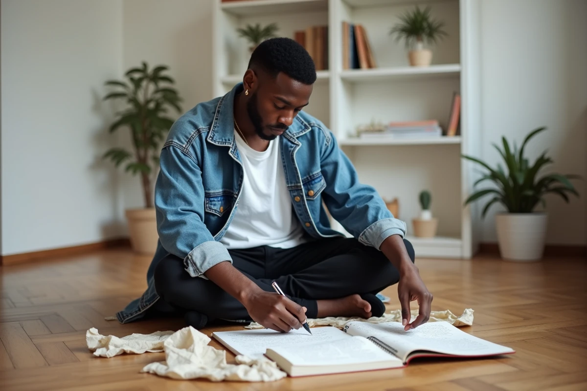 Jeune rappeur écrivant des paroles de musique dans un appartement minimaliste, carnet et feuilles éparpillées