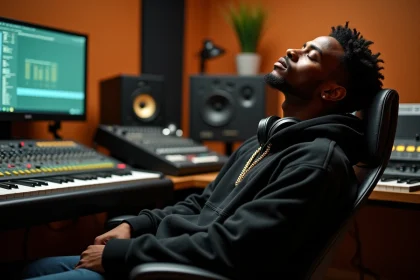 Jeune rappeur en studio d'enregistrement, casque autour du cou, entouré de matériel de production musicale
