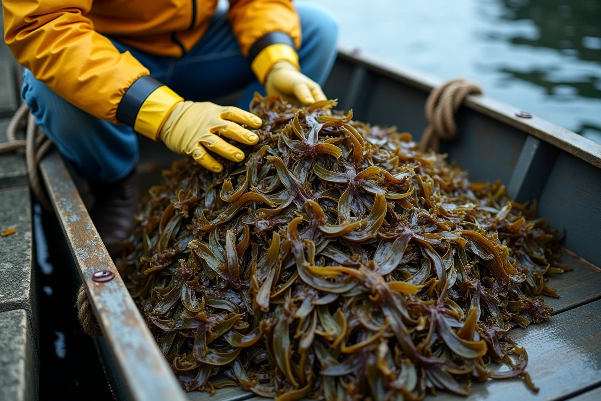 Un récolteur de goémon arrange sa récolte d'algues fraîches dans un bateau traditionnel breton, montrant la richesse écologique et artisanale du goémon