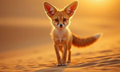 Fennec fox debout sur le sable doré au lever du soleil