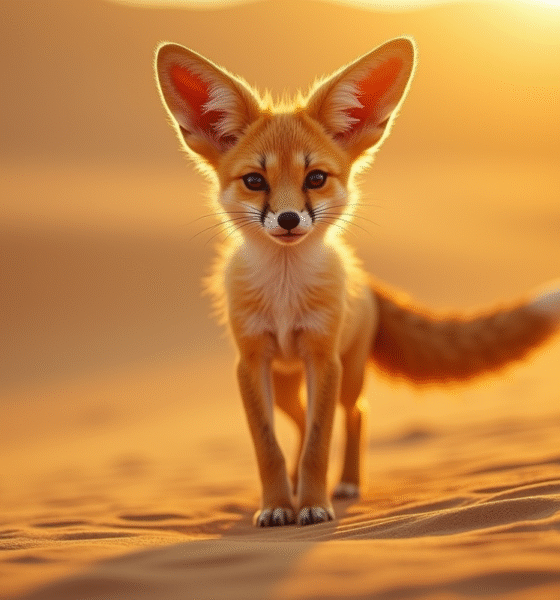 Fennec fox debout sur le sable doré au lever du soleil