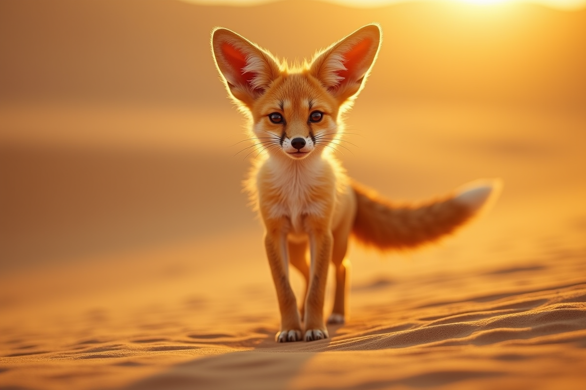 Fennec fox debout sur le sable doré au lever du soleil