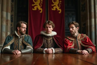 Trois rois médiévaux en costume royal assis dans une salle historique