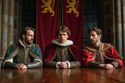 Trois rois médiévaux en costume royal assis dans une salle historique