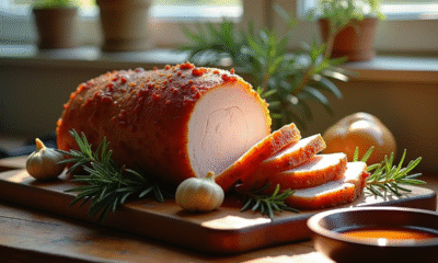 Rôti de porc doré tranché sur une planche en bois rustique