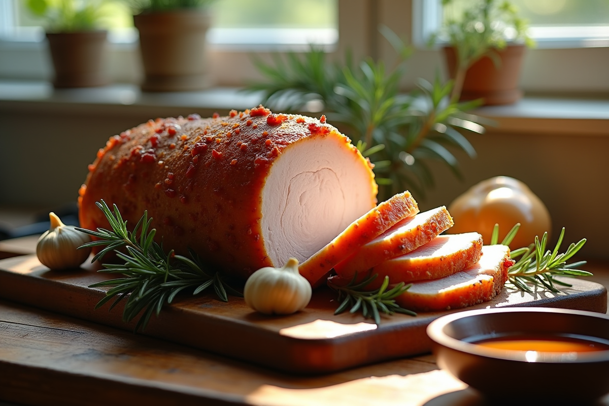 Rôti de porc doré tranché sur une planche en bois rustique