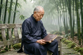 Vieux sage chinois en robe traditionnelle lisant un livre dans un jardin de bambous, symbole de sagesse et de réflexion