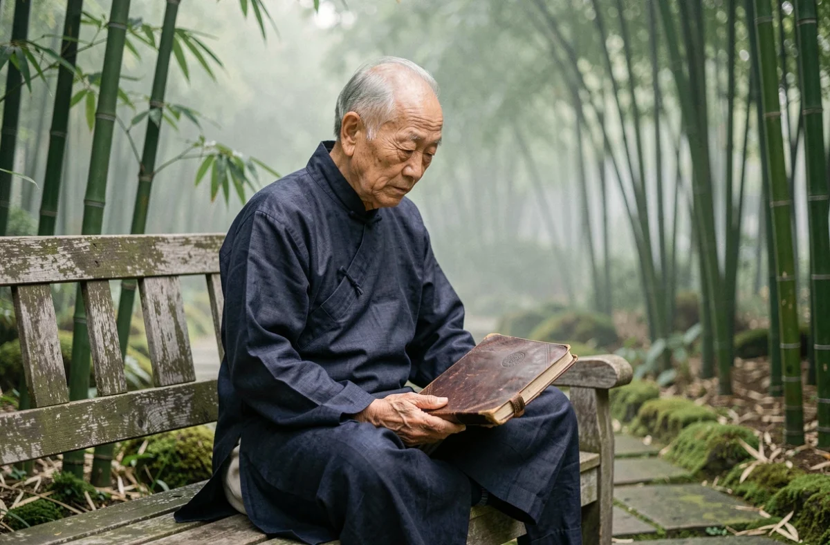 Vieux sage chinois en robe traditionnelle lisant un livre dans un jardin de bambous, symbole de sagesse et de réflexion