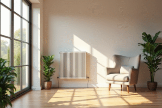 Salon moderne avec radiateur électrique et plantes vertes