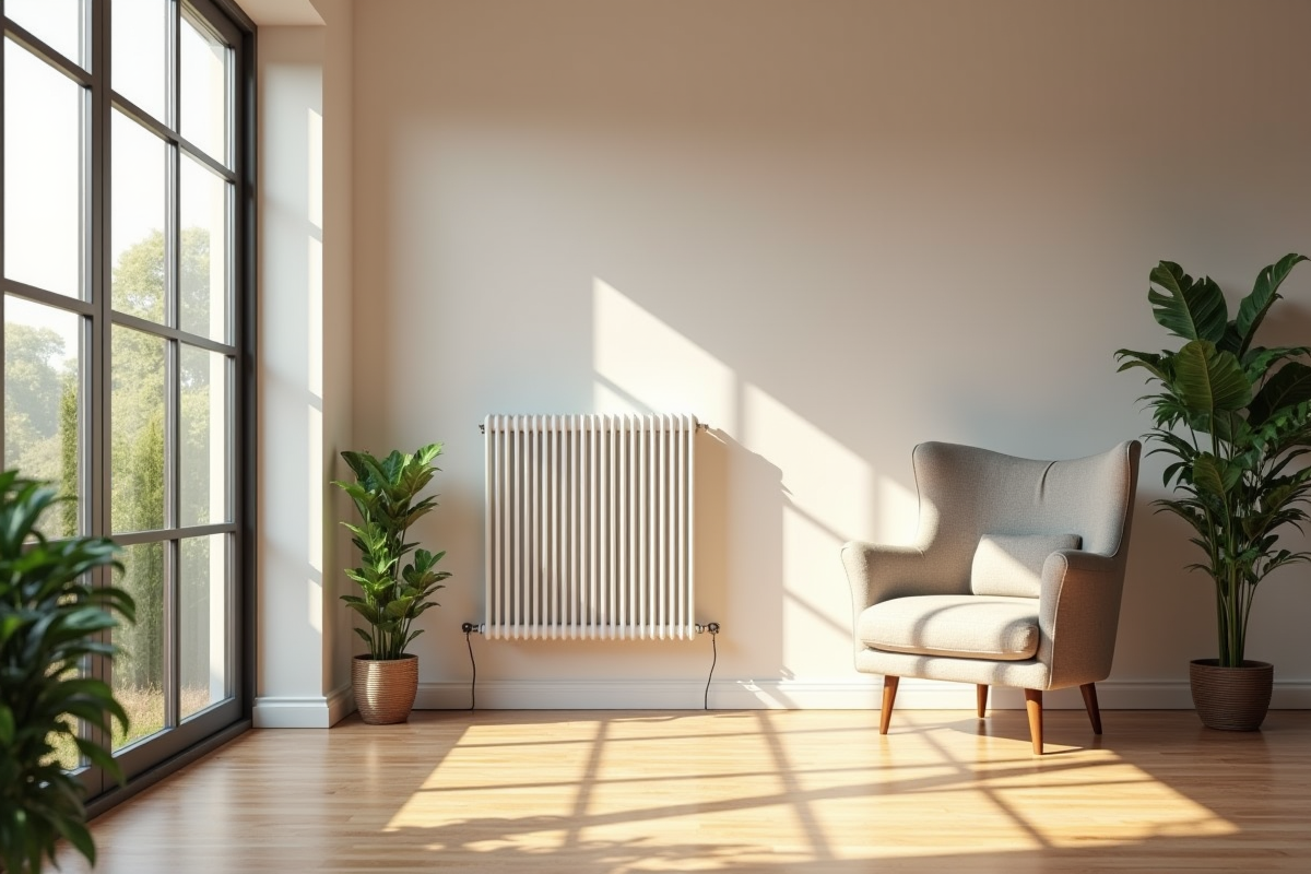 Salon moderne avec radiateur électrique et plantes vertes