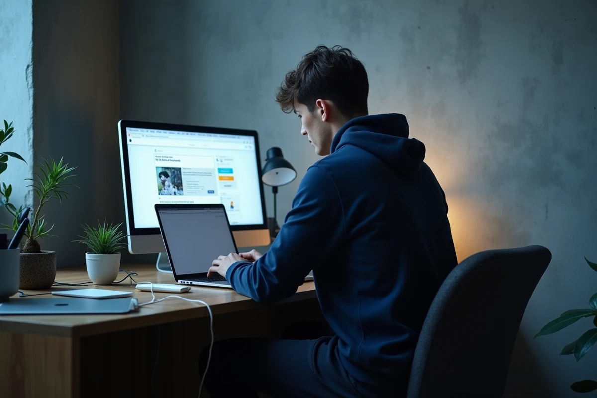 Jeune homme consultant des scans manga téléchargés hors ligne sur un ordinateur portable dans un bureau minimaliste à domicile
